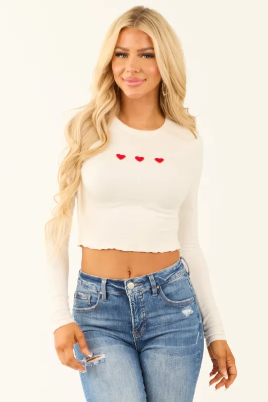 Off White Heart Embroidery Long Sleeve Cropped Top sold by Lime Lush