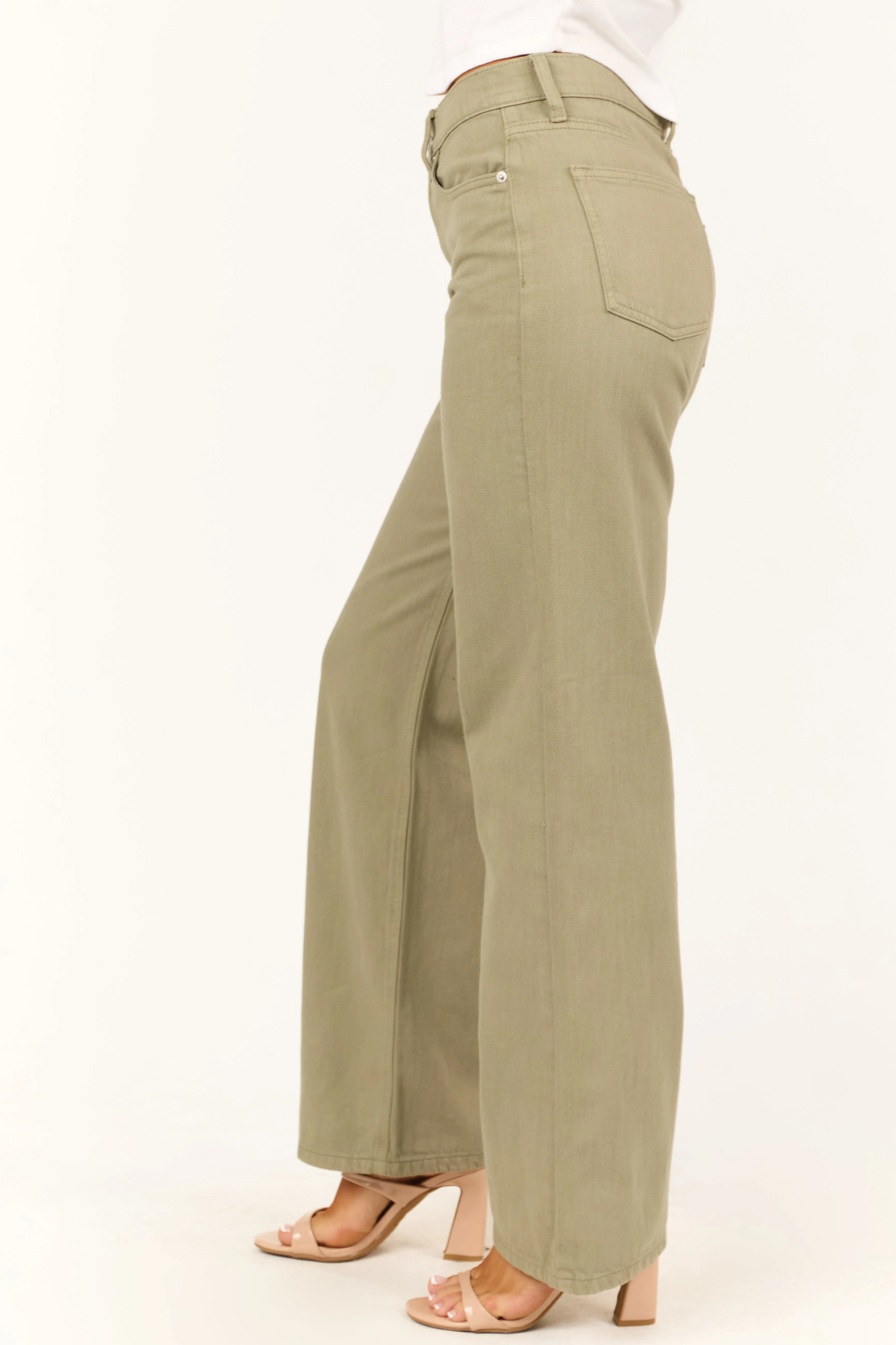 Sneak Peek Pale Olive High Rise Wide Leg Jeans sold by Lime Lush product image thumbnail 3