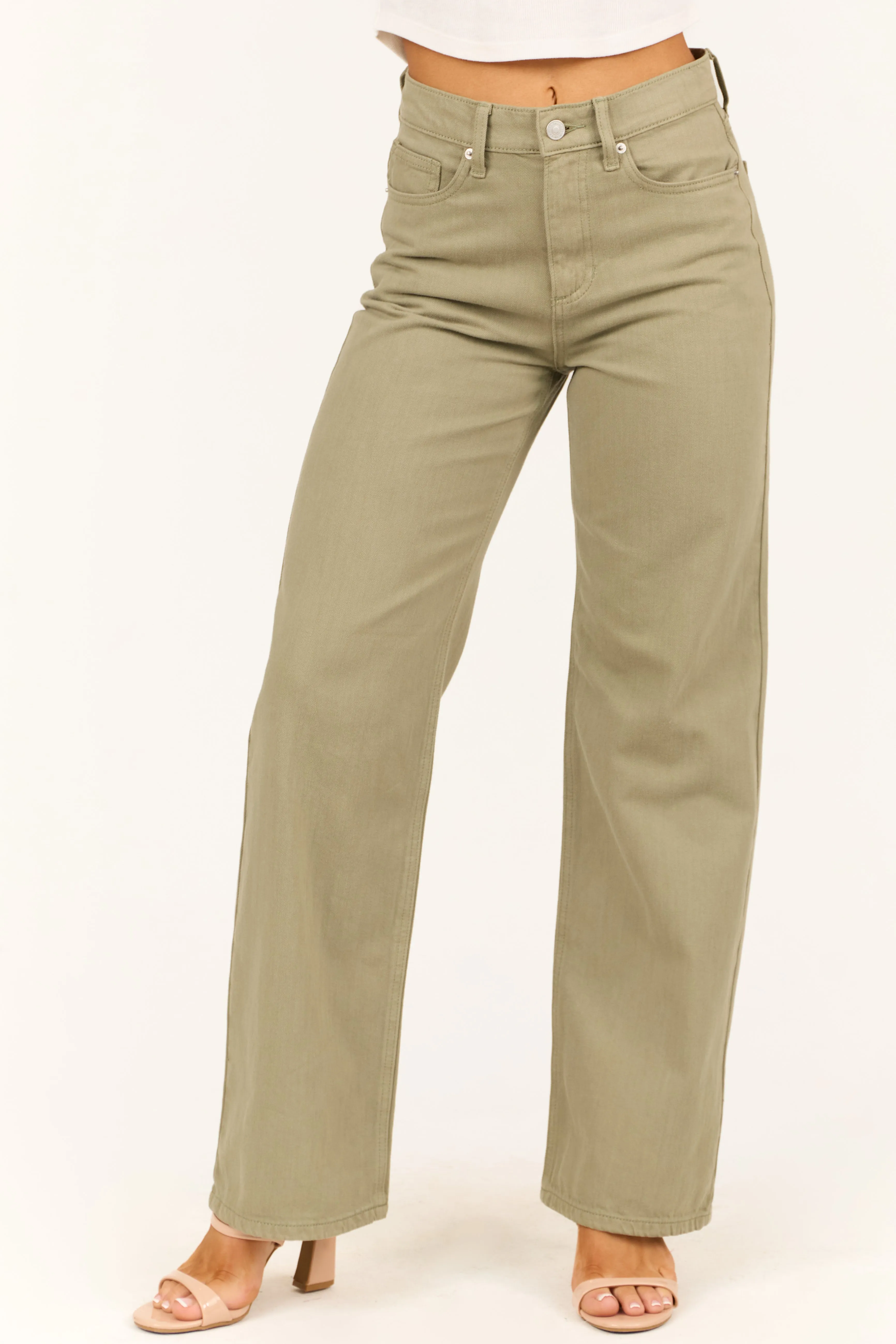 Sneak Peek Pale Olive High Rise Wide Leg Jeans sold by Lime Lush