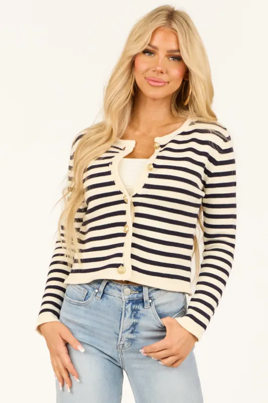 Dark Navy and Cream Striped Button Down Cardigan sold by Lime Lush