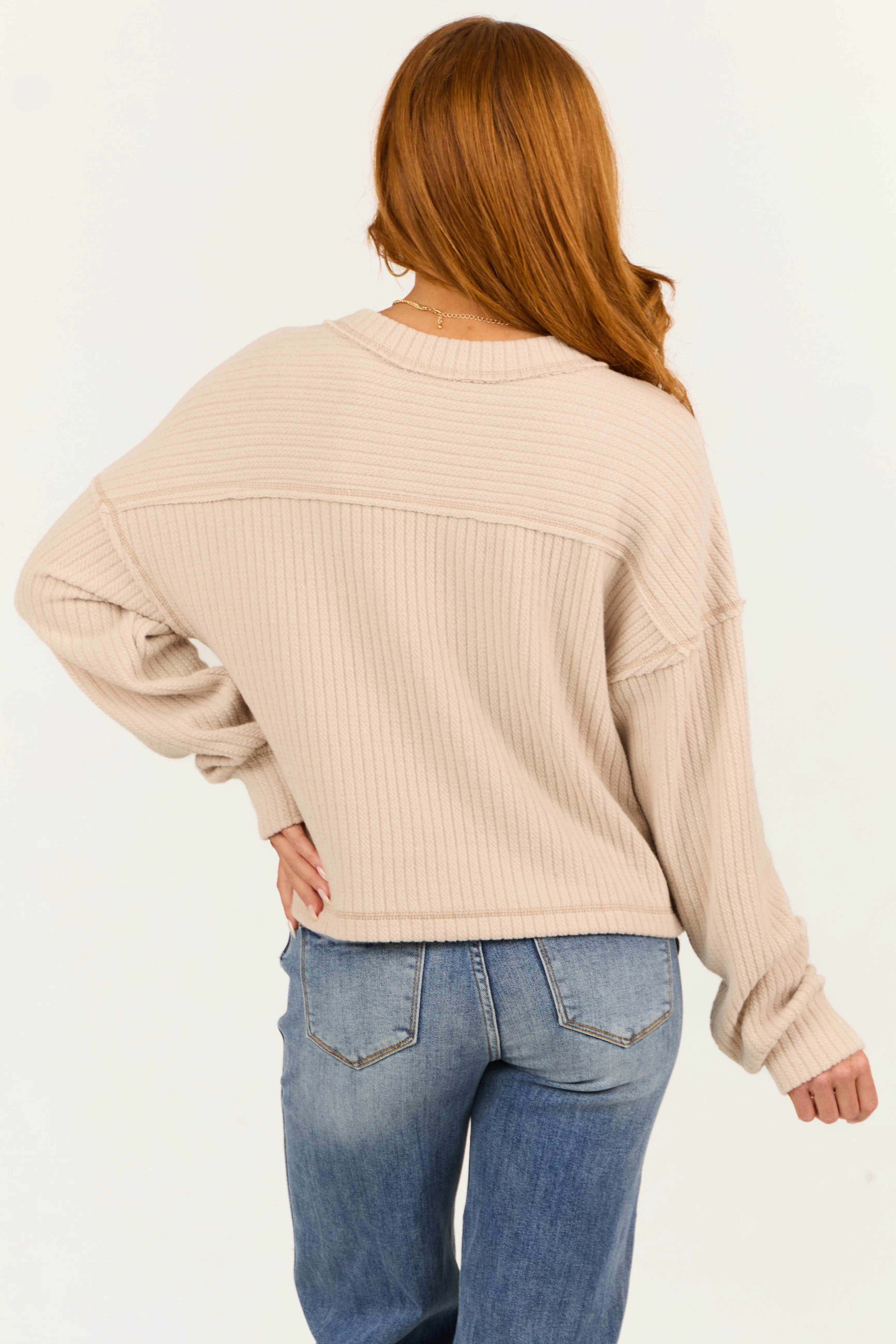 Almond V Neck Exposed Seam Ribbed Sweater sold by Lime Lush product image thumbnail 5