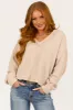 Almond V Neck Exposed Seam Ribbed Sweater sold by Lime Lush