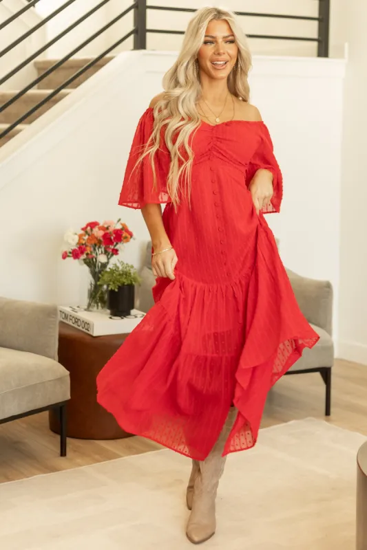 Lipstick Off the Shoulder Swiss Dot Midi Dress sold by Lime Lush