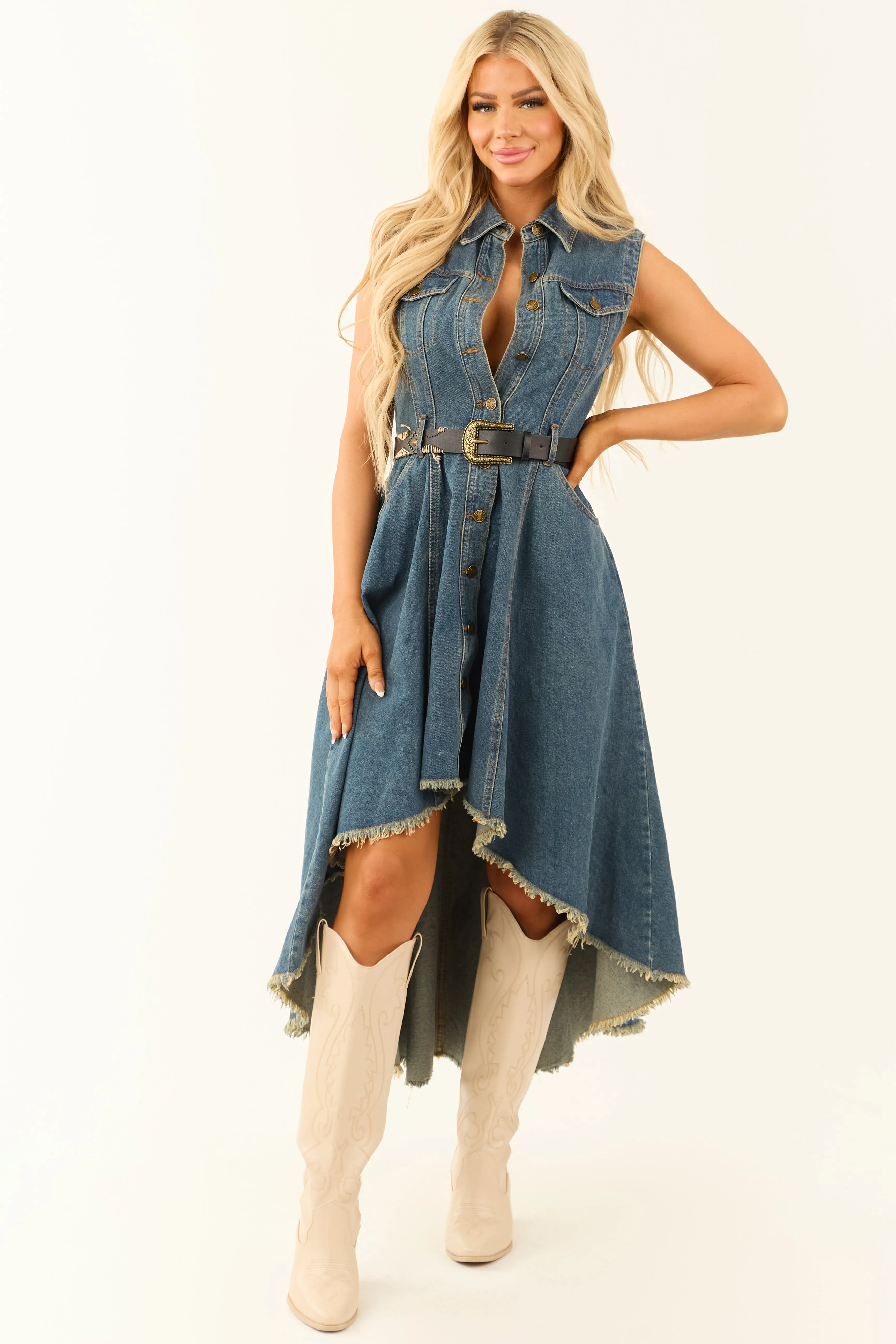 Flying Tomato Dark Wash Denim High Low Midi Dress sold by Lime Lush product image thumbnail 3