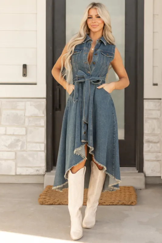 Flying Tomato Dark Wash Denim High Low Midi Dress sold by Lime Lush