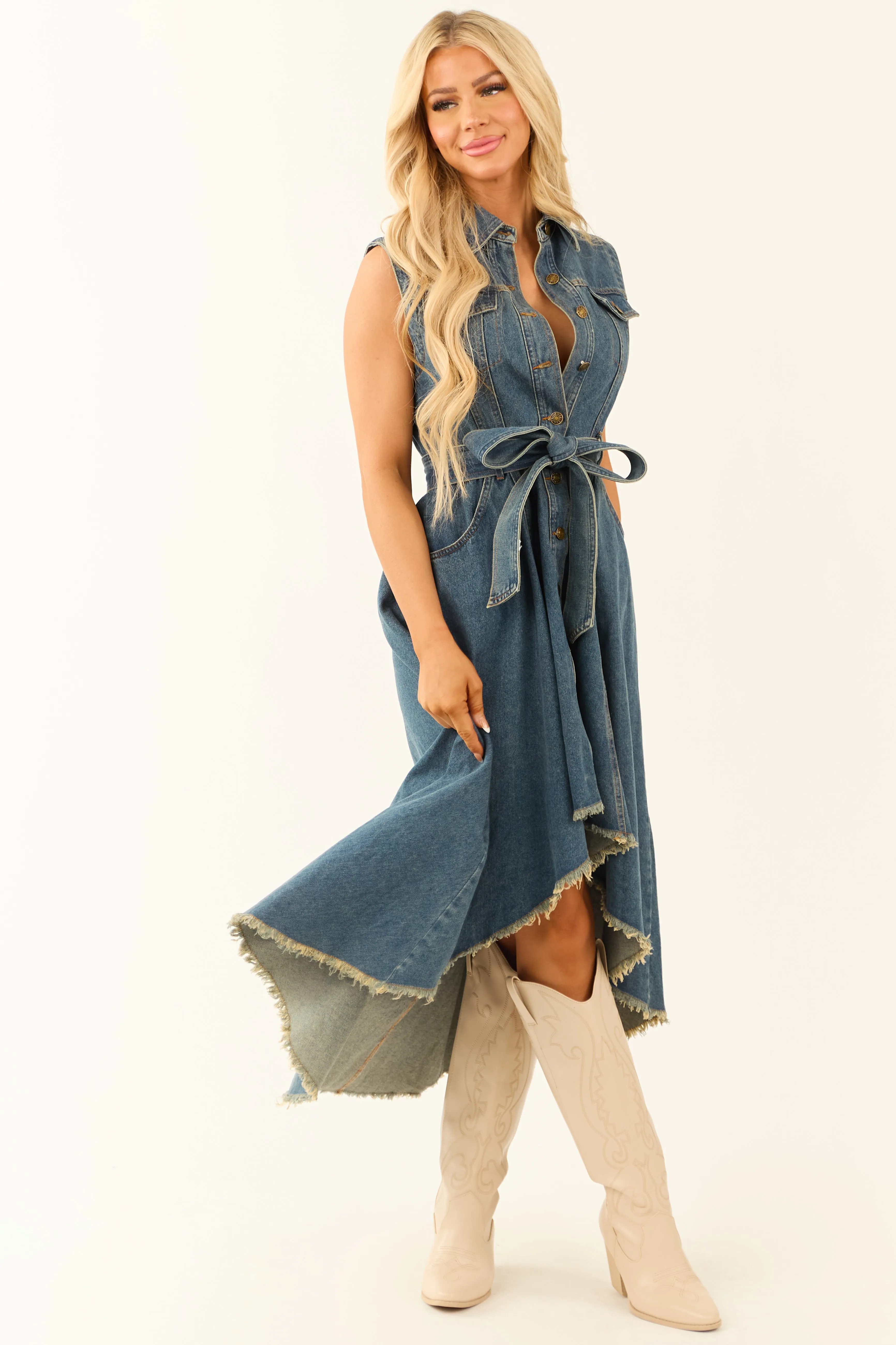 Flying Tomato Dark Wash Denim High Low Midi Dress sold by Lime Lush product image thumbnail 5