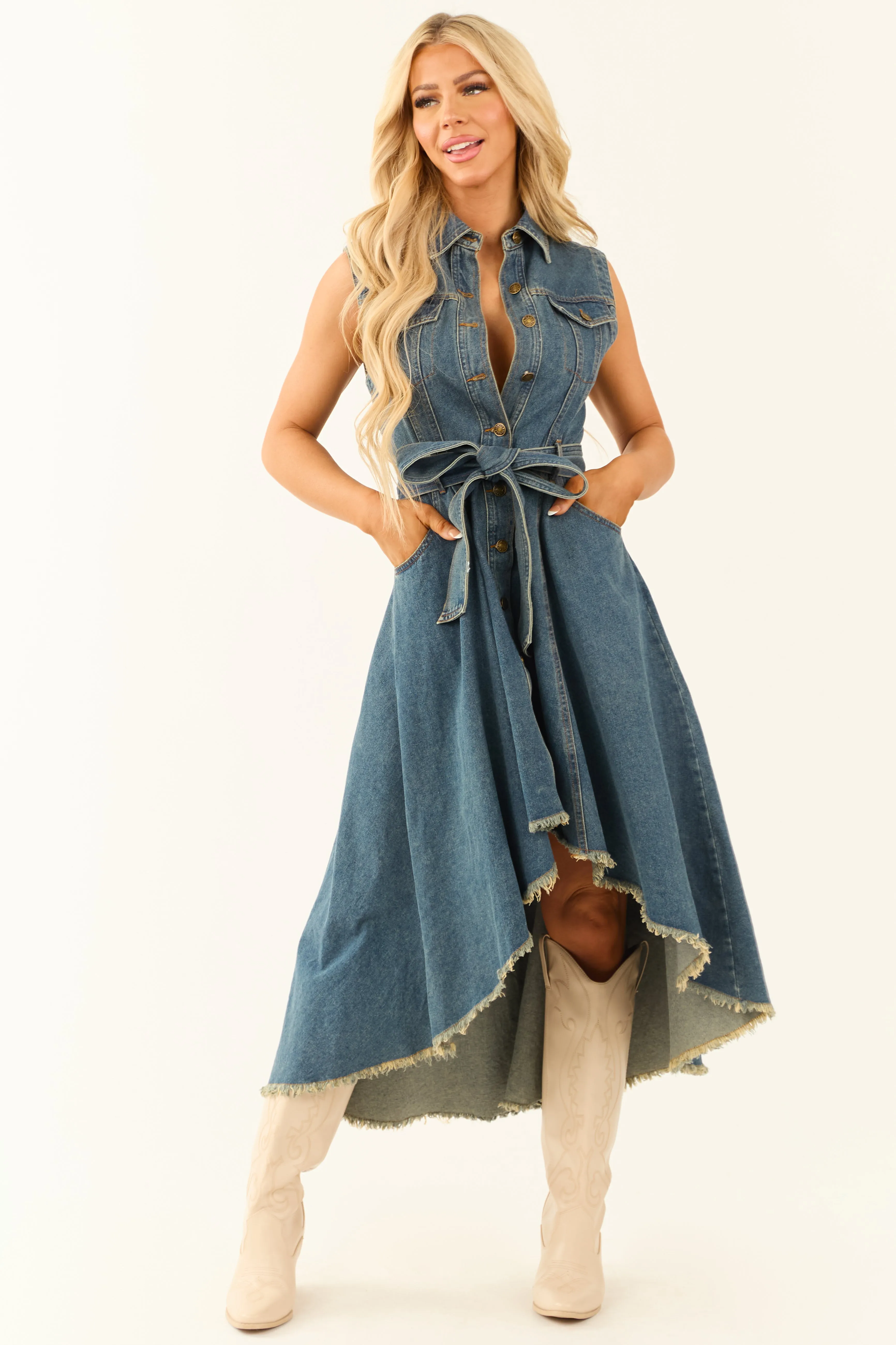 Flying Tomato Dark Wash Denim High Low Midi Dress sold by Lime Lush product image thumbnail 4