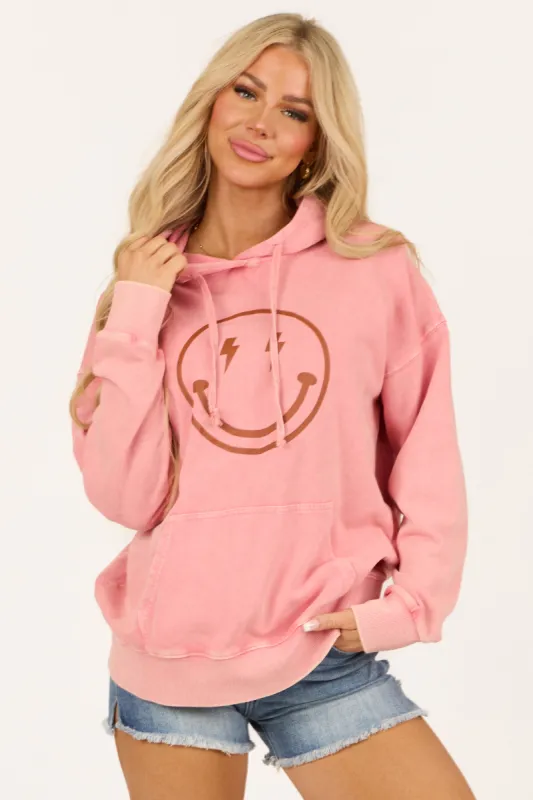 Coral Happy Face Mineral Wash Drawstring Hoodie sold by Lime Lush