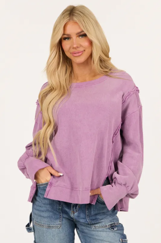 Dusty Lilac Mineral Wash Rib Knit Long Sleeve Top sold by Lime Lush