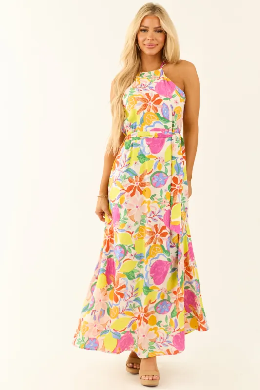 Ivory Colorful Floral and Fruit Print Maxi Dress made by Fore Collection