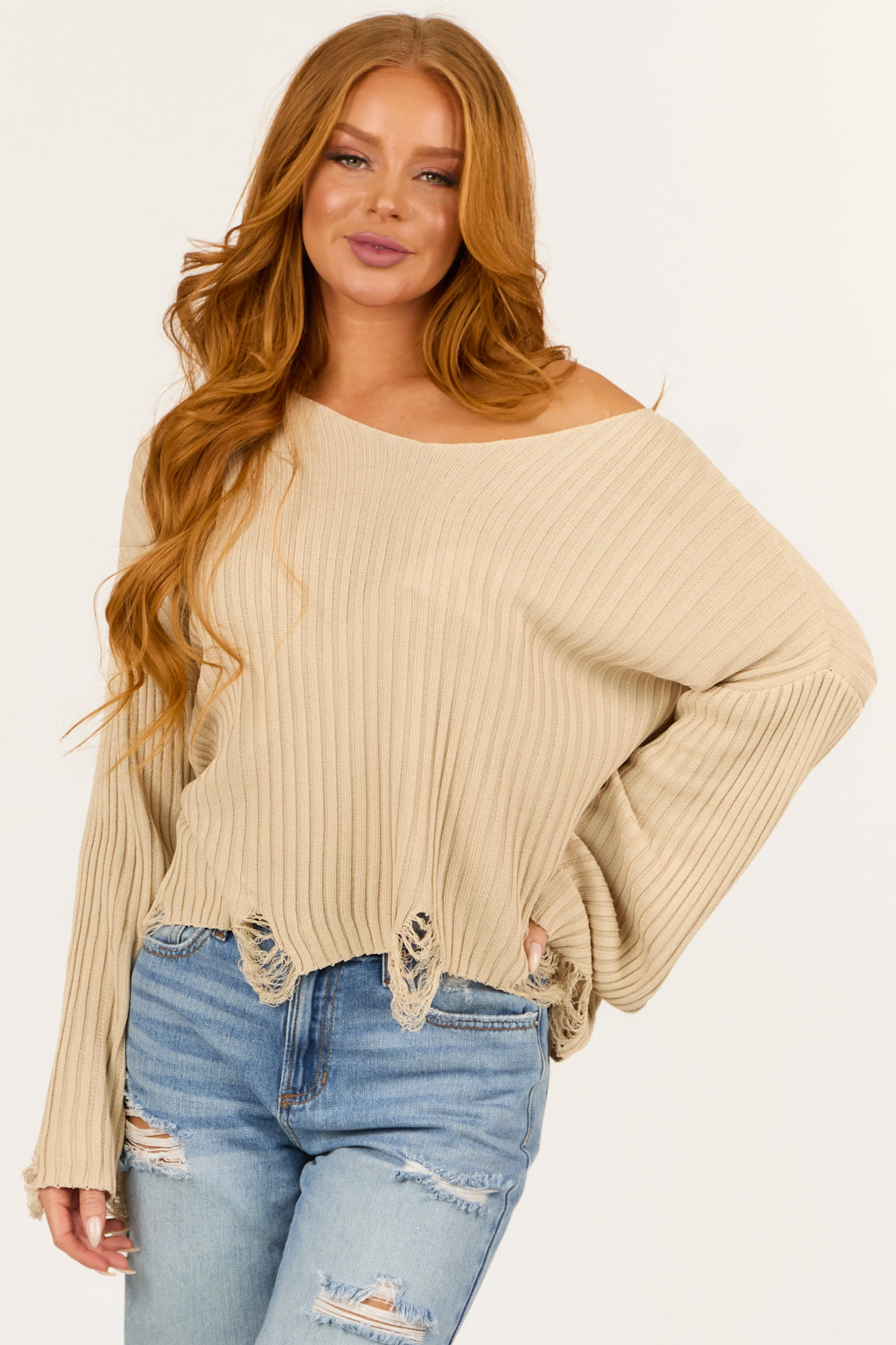 Beige Boatneck Distressed Flare Sleeve Sweater sold by Lime Lush