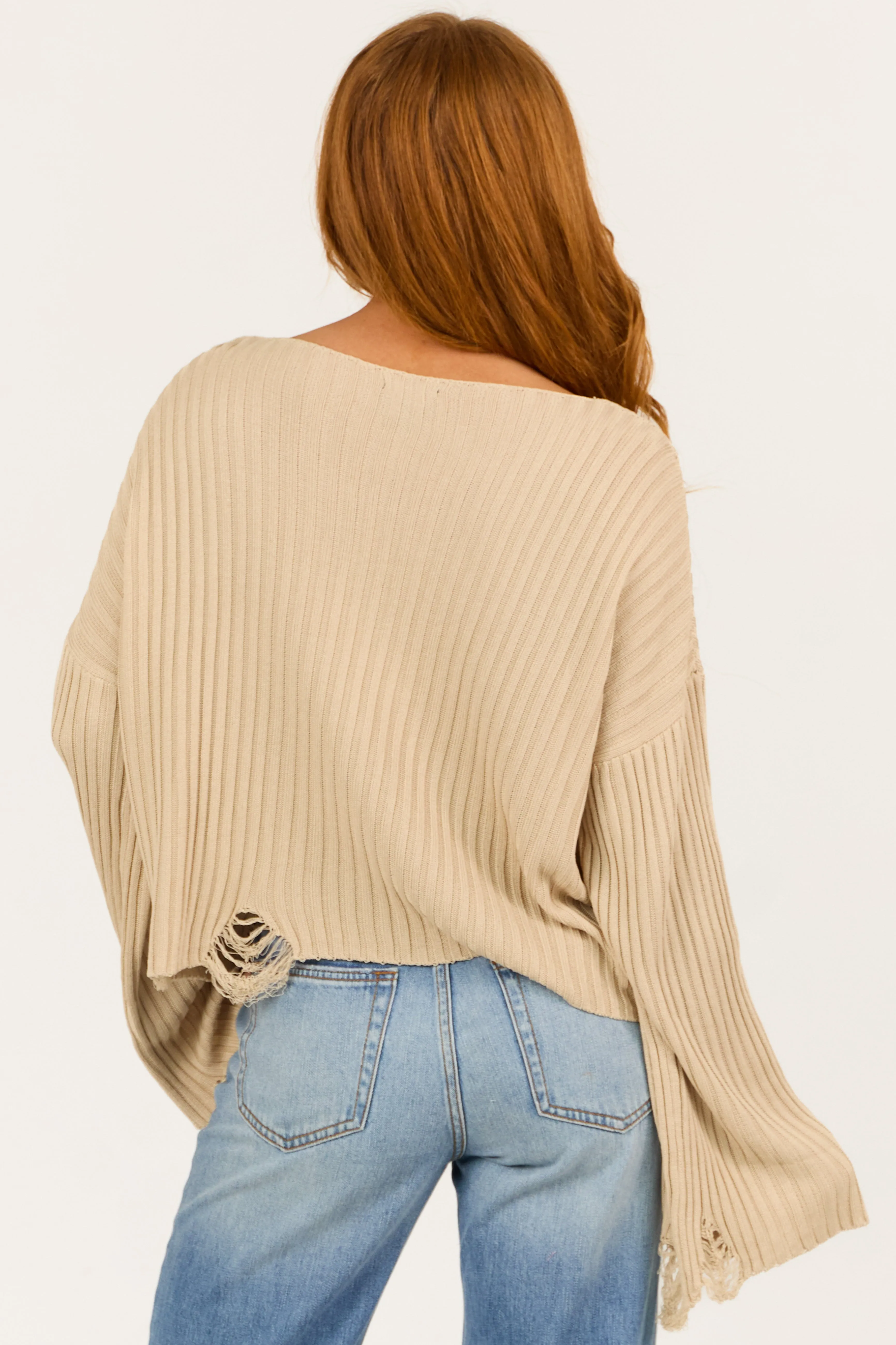 Beige Boatneck Distressed Flare Sleeve Sweater sold by Lime Lush product image thumbnail 5