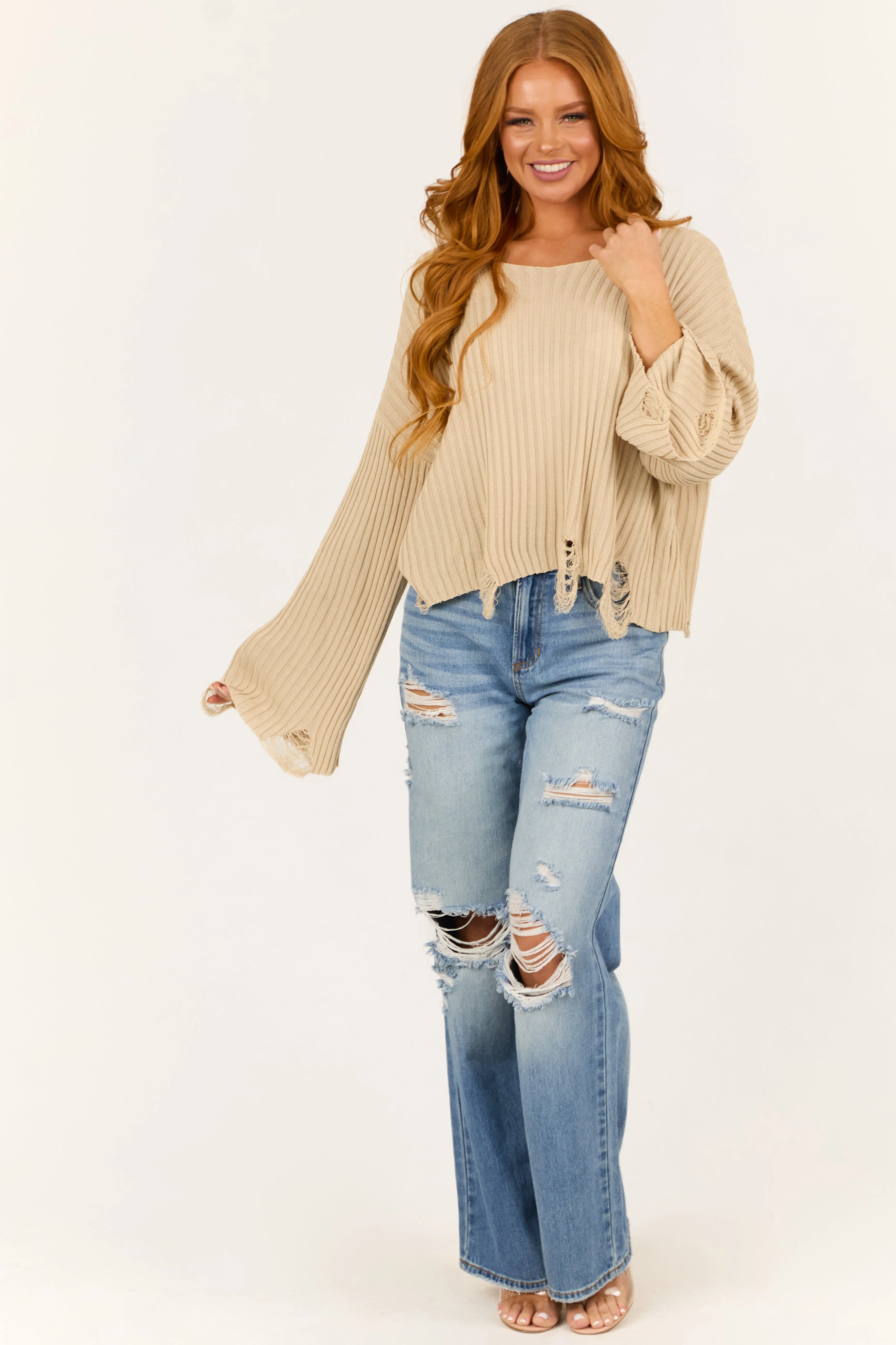 Beige Boatneck Distressed Flare Sleeve Sweater sold by Lime Lush product image thumbnail 2