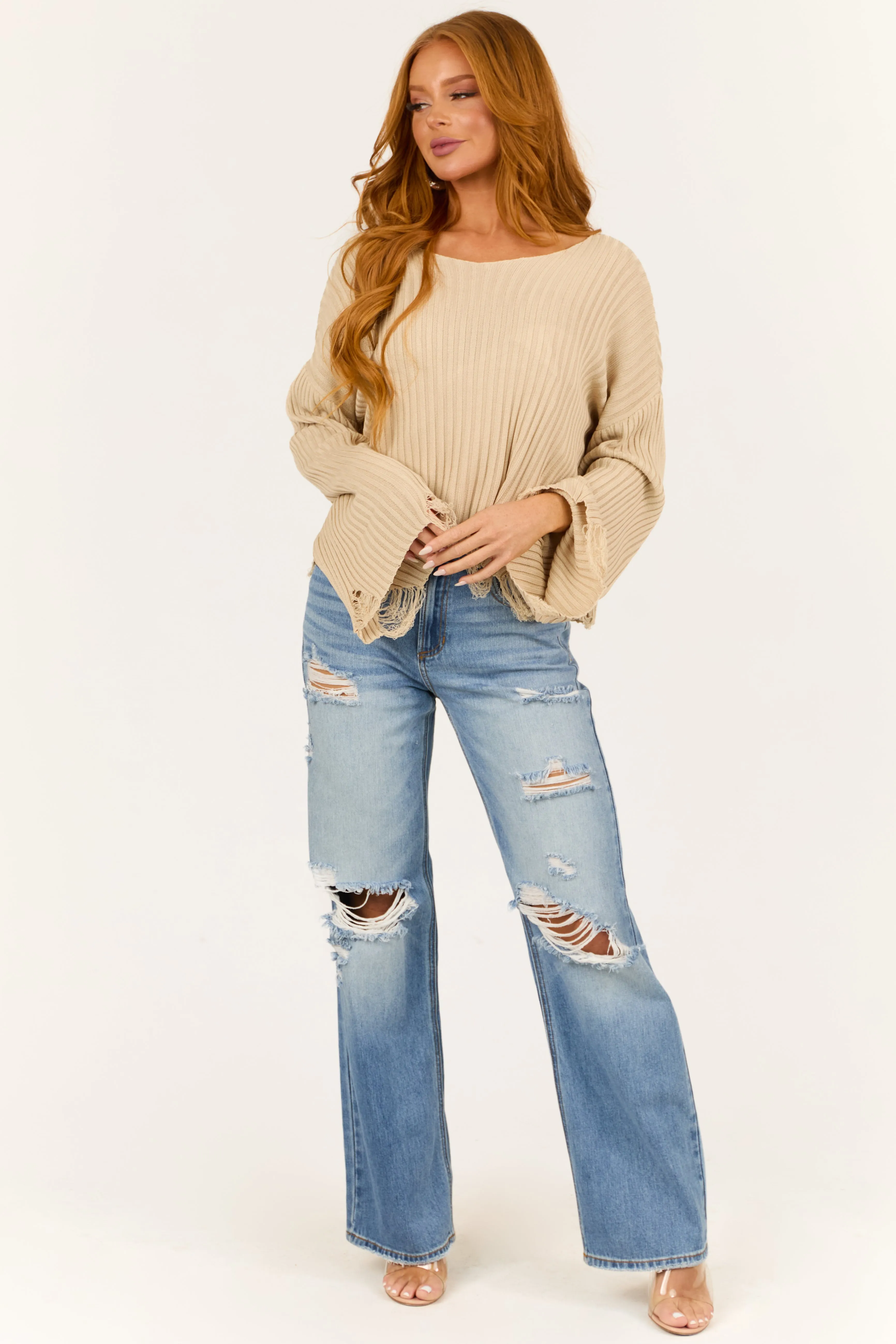 Beige Boatneck Distressed Flare Sleeve Sweater sold by Lime Lush product image thumbnail 3