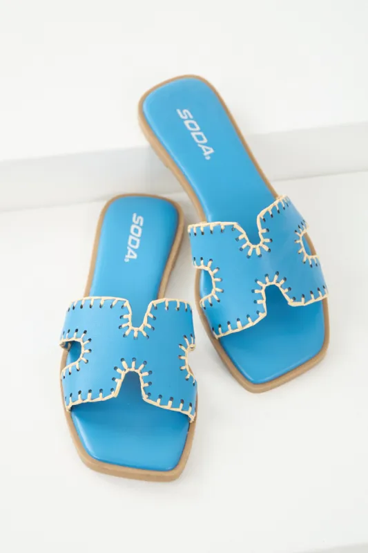 Azure Straw Trim Cut Out Strap Slide Sandals sold by Lime Lush