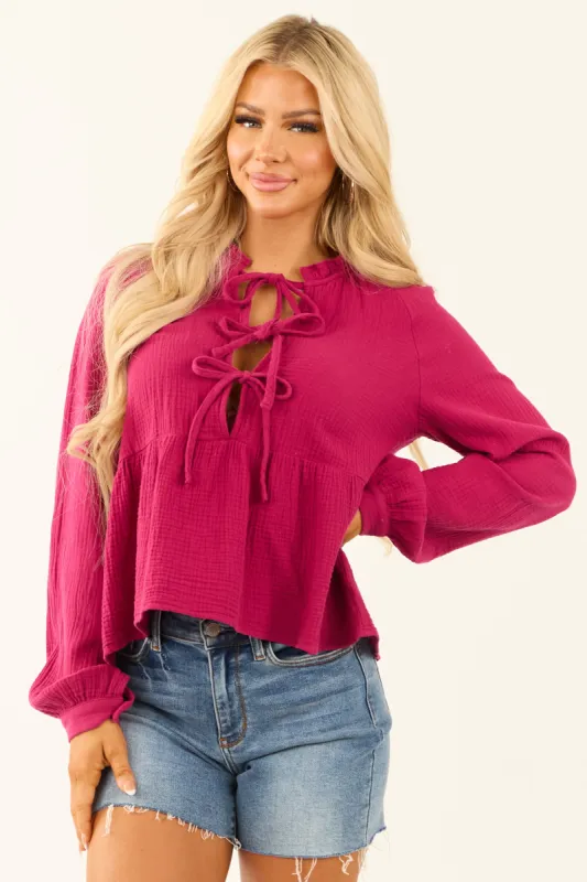 Berry Frill Neck Triple Front Tie Long Sleeve Top sold by Lime Lush