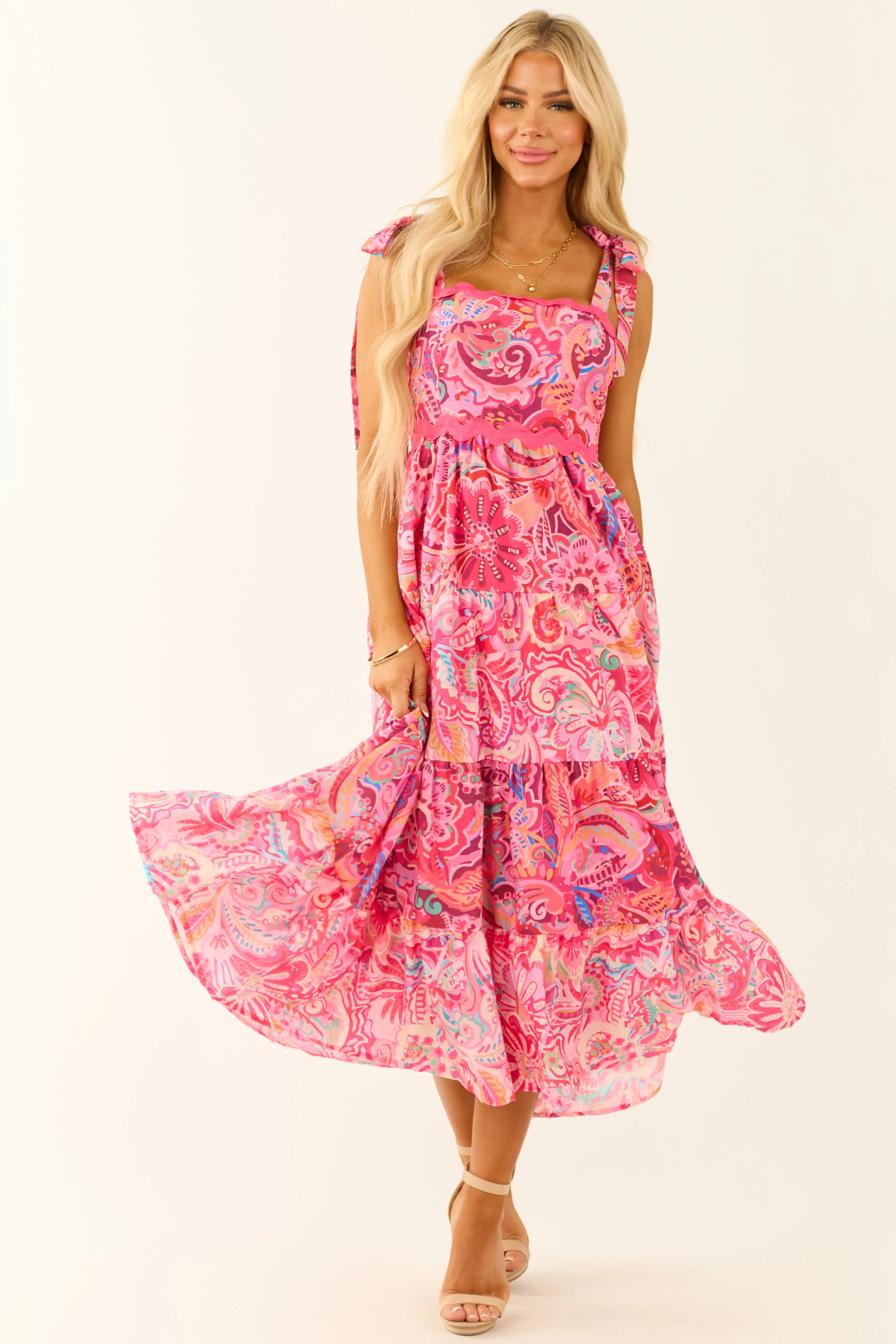 Hot Pink Sleeveless Floral Abstract Print Midi Dress sold by Lime Lush product image thumbnail 2