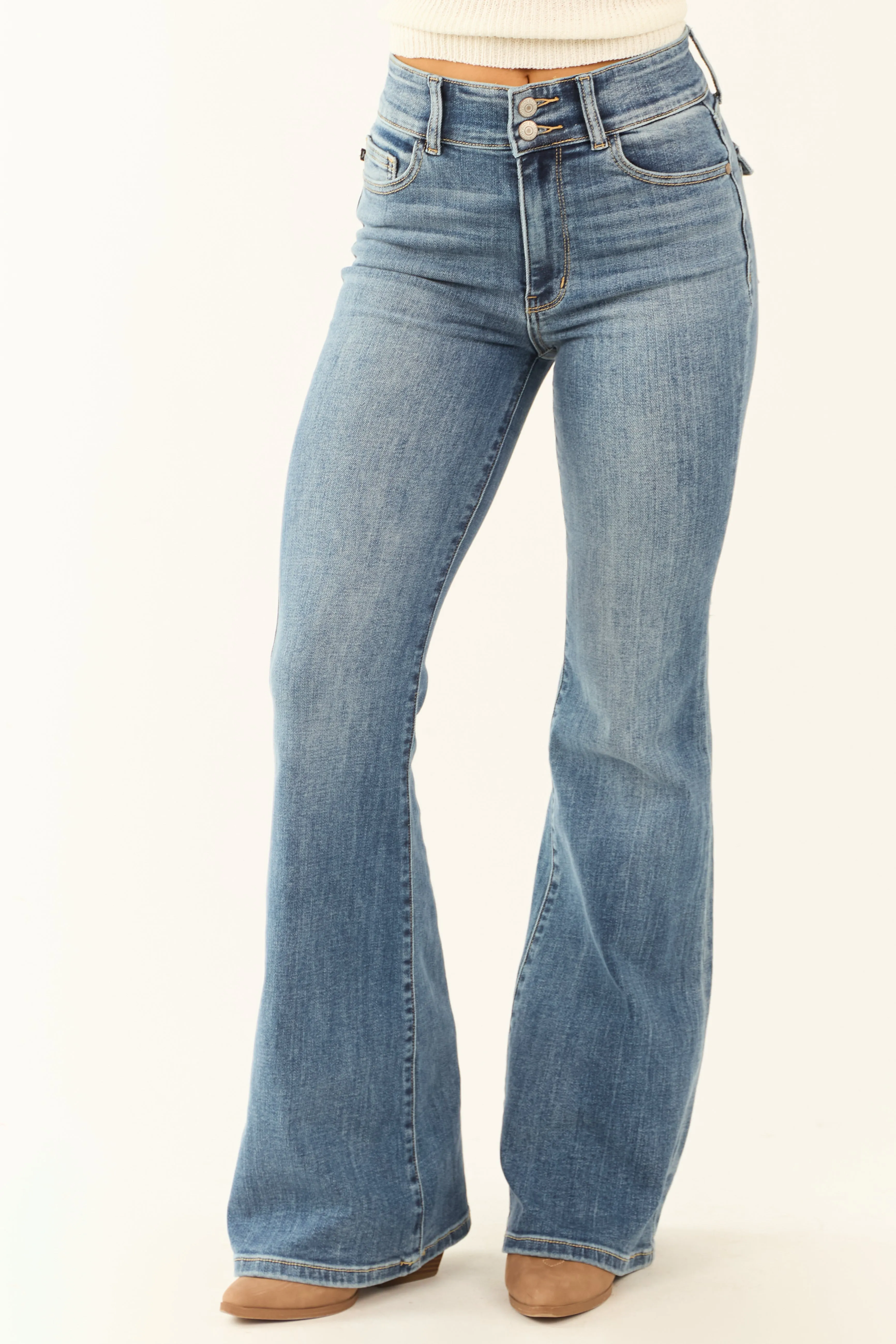 Judy Blue Medium Double Button Stretchy Flare Jeans sold by Lime Lush
