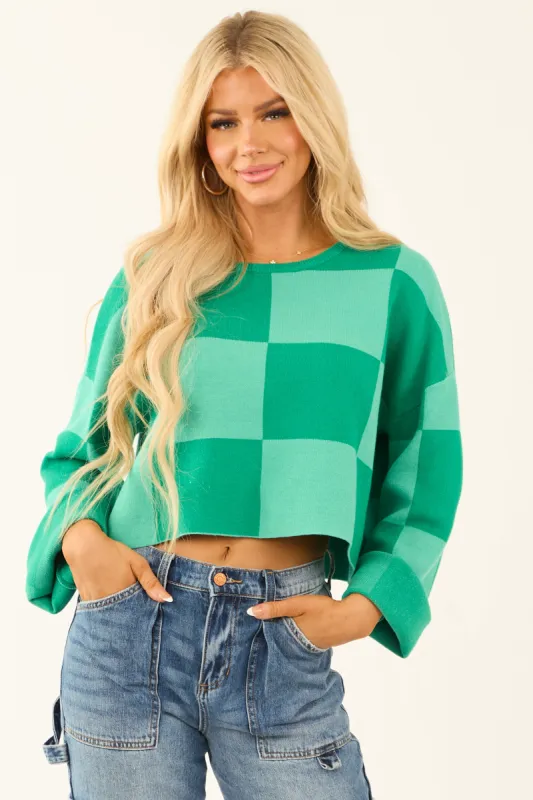 Kelly Green and Sage Checkered Long Sleeve Cropped Sweater sold by Lime Lush
