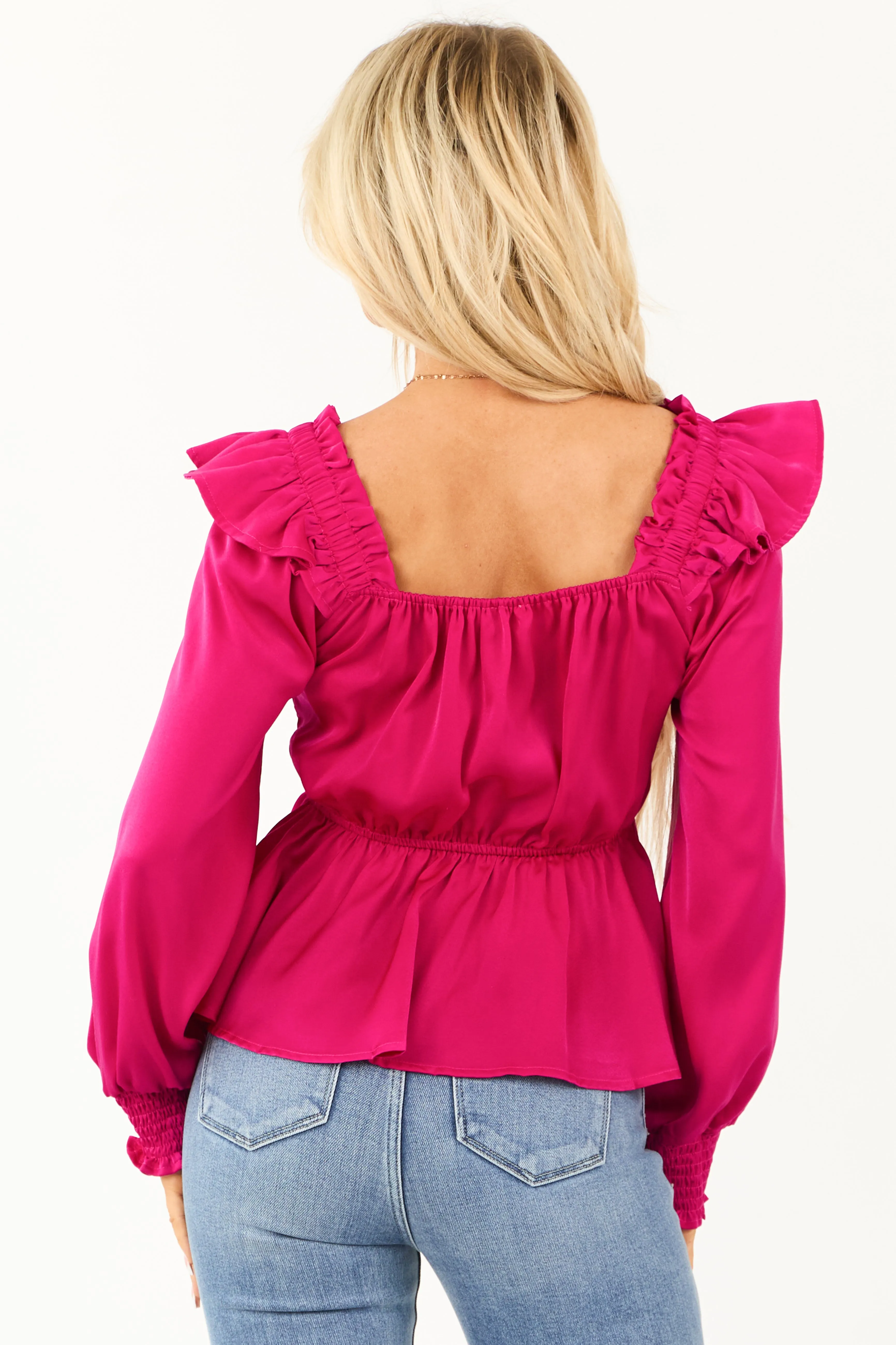 Mulberry Satin Smocked Ruffle Peplum Square Neck Blouse sold by Lime Lush product image thumbnail 5