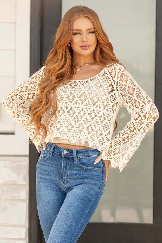Champagne Crochet Lace Long Sleeve Boat Neck Top sold by Lime Lush