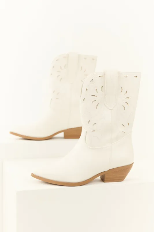 Ivory Faux Suede Mid Calf Embroidered Boots sold by Lime Lush