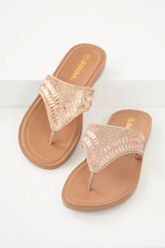 Rose Gold Rhinestone Flat Slip On Sandals sold by Lime Lush