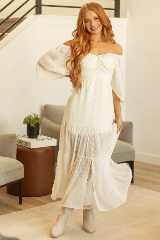 Cream Off the Shoulder Swiss Dot Midi Dress sold by Lime Lush