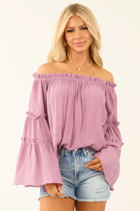 Lilac Off the Shoulder Long Bell Sleeve Top sold by Lime Lush