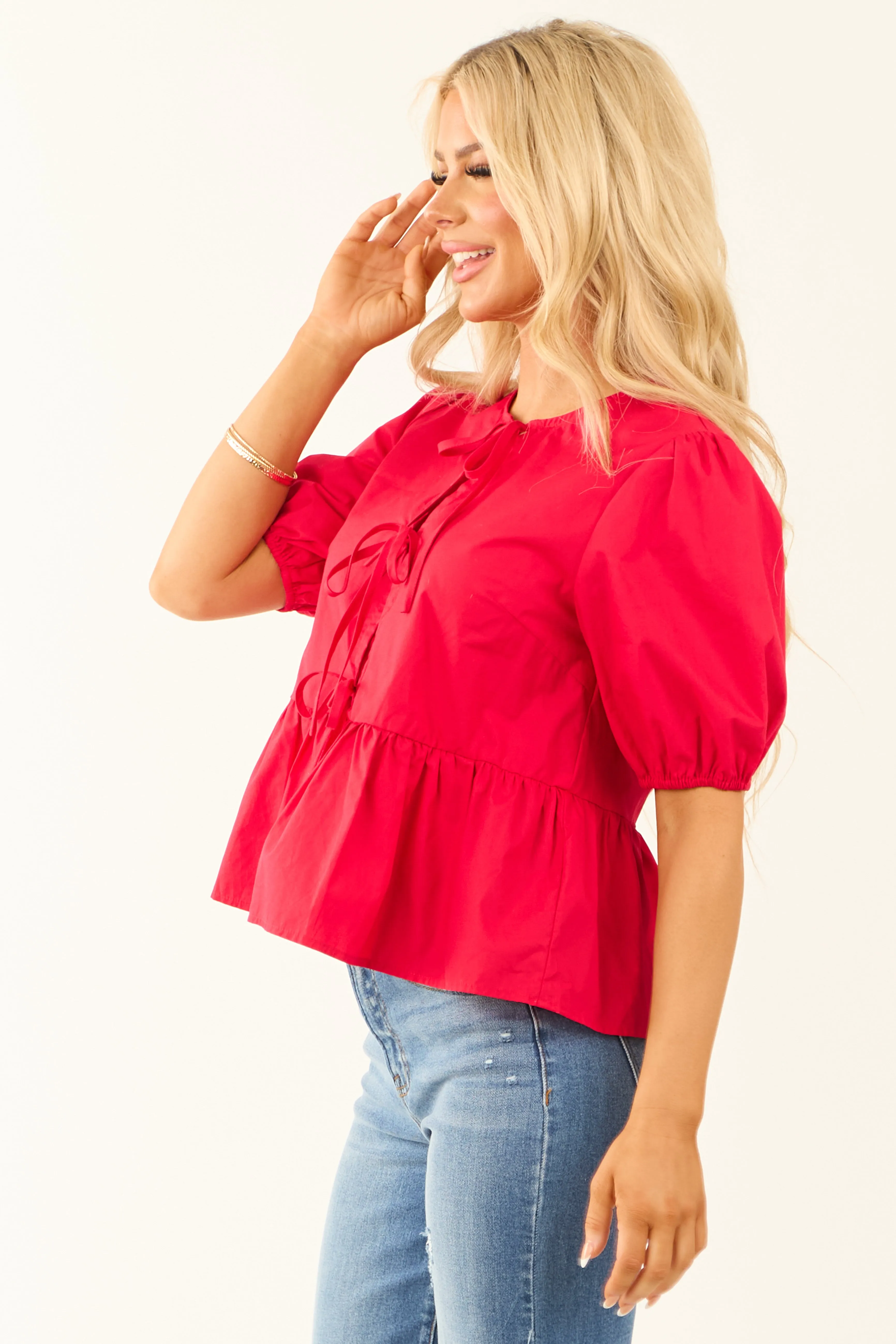 Lipstick Half Puff Sleeve Front Tie Blouse sold by Lime Lush product image thumbnail 5