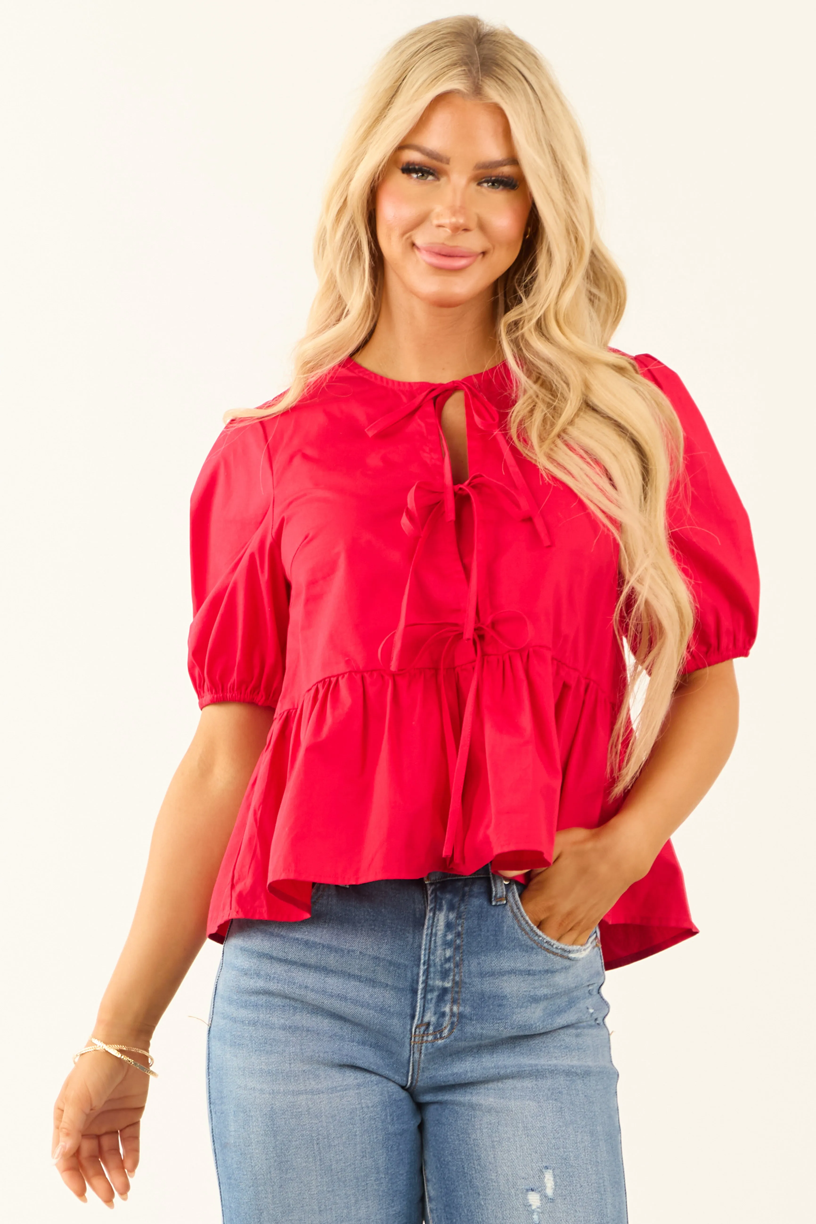 Lipstick Half Puff Sleeve Front Tie Blouse sold by Lime Lush