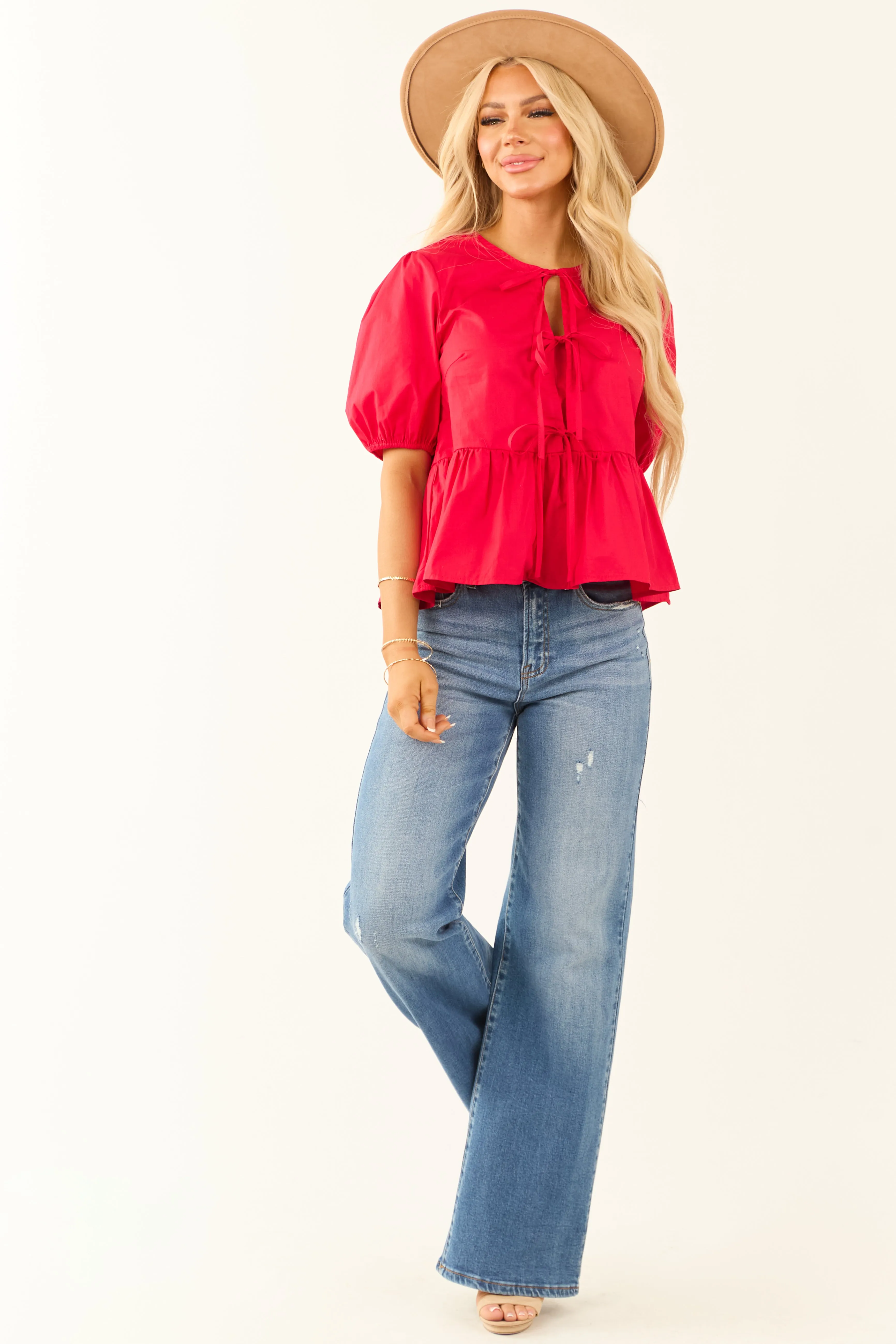 Lipstick Half Puff Sleeve Front Tie Blouse sold by Lime Lush product image thumbnail 3