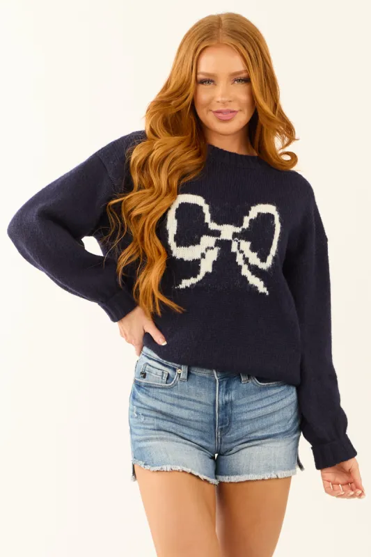 Navy Bow Graphic Long Sleeve Crew Neck Sweater sold by Lime Lush