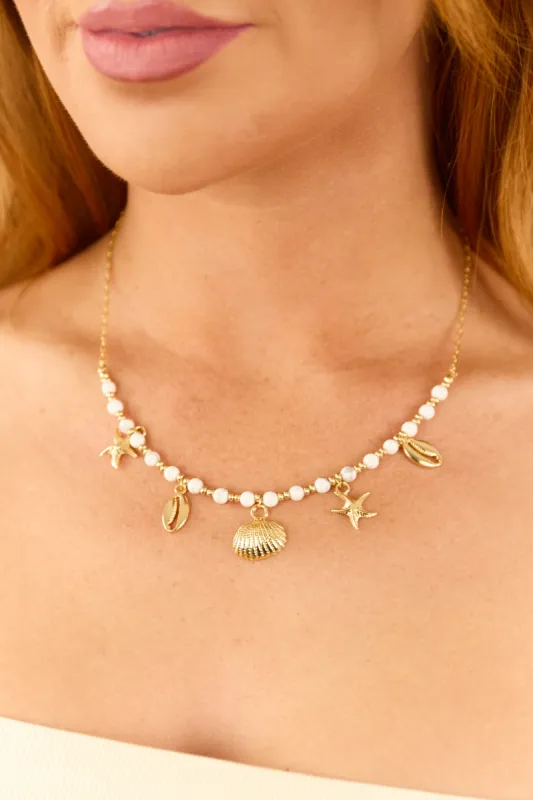 Gold Mixed Ocean Charm Beaded Chain Necklace sold by Lime Lush