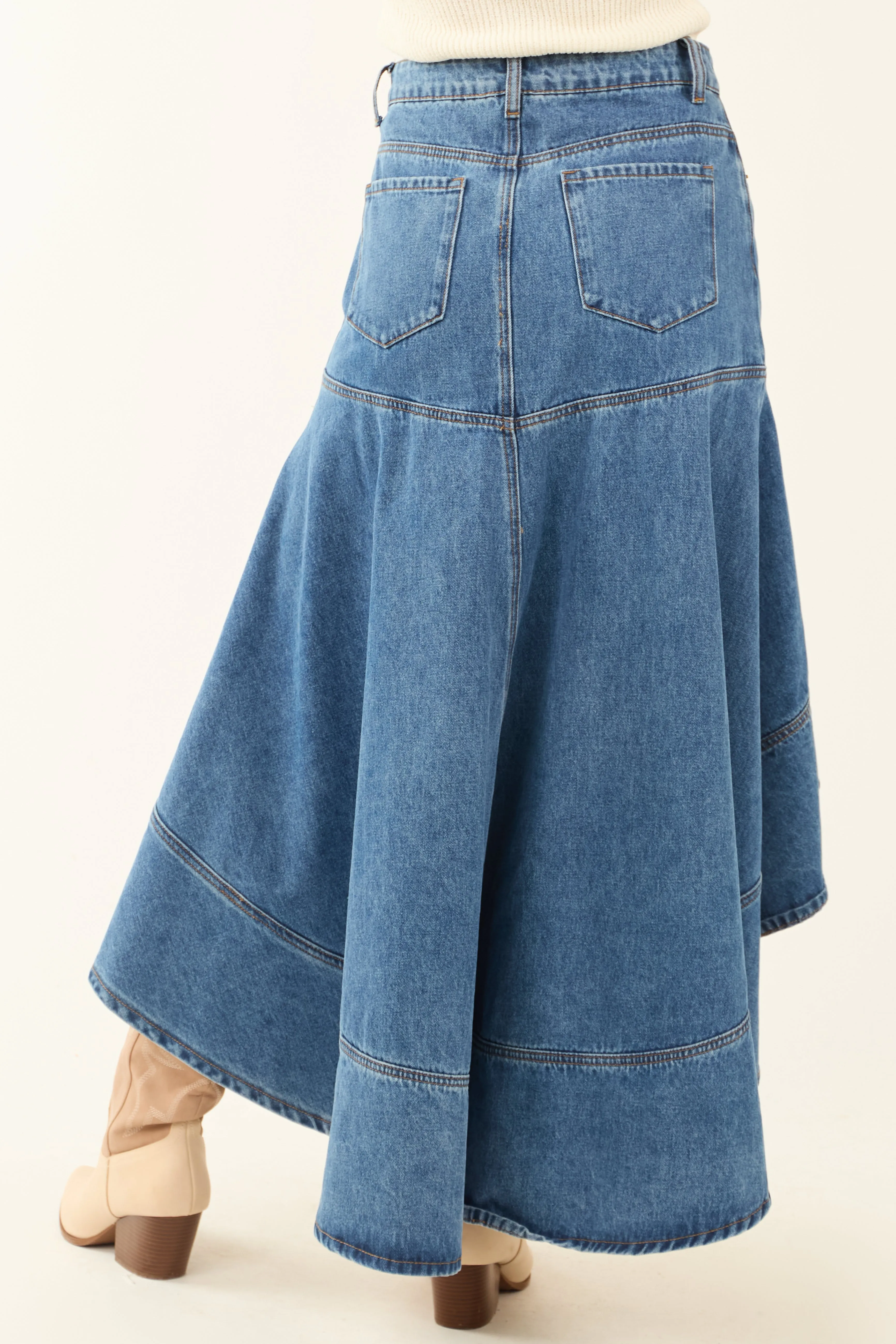 Flying Tomato Medium Wash Denim High Low Midi Skirt sold by Lime Lush product image thumbnail 5