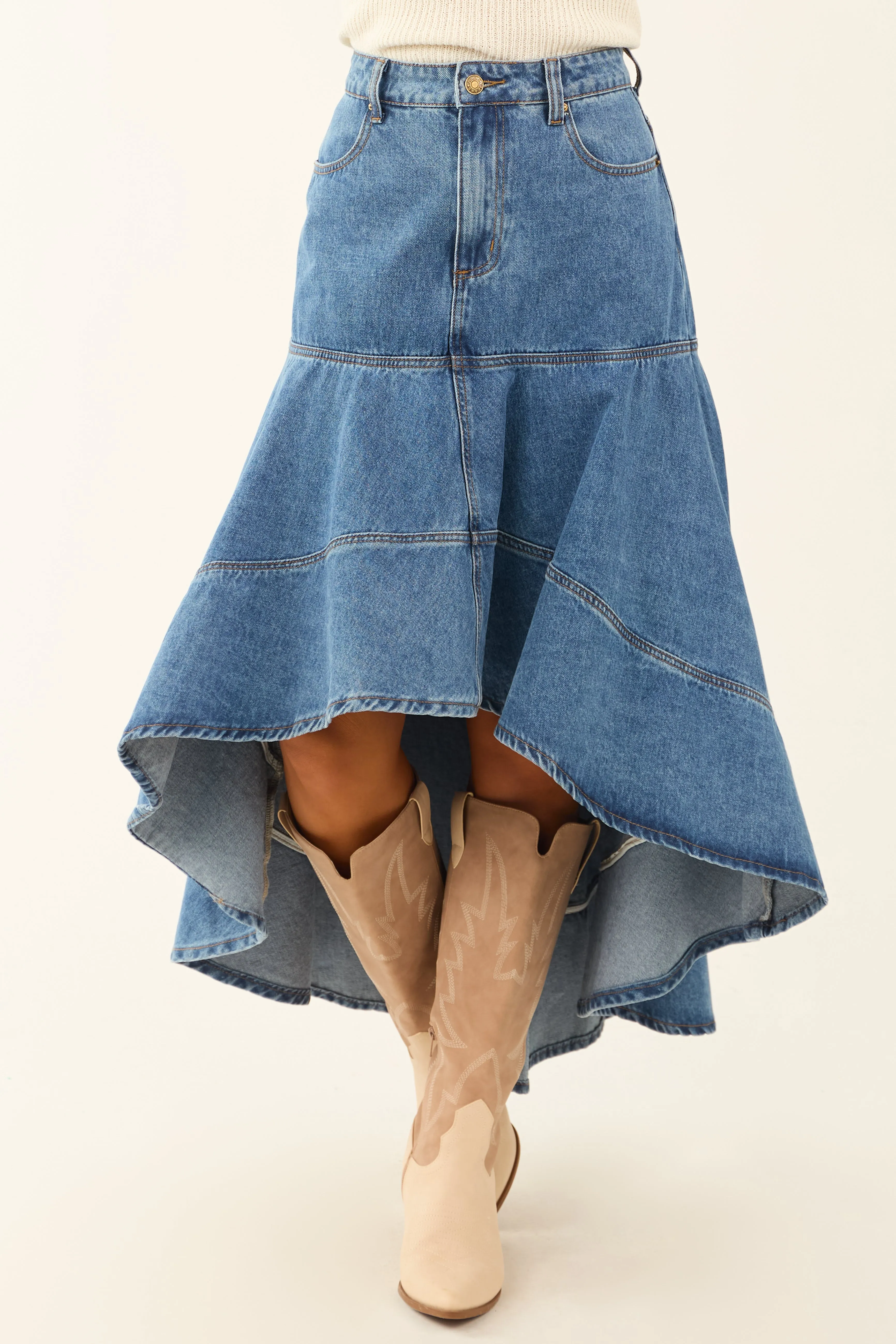 Flying Tomato Medium Wash Denim High Low Midi Skirt sold by Lime Lush product image thumbnail 3