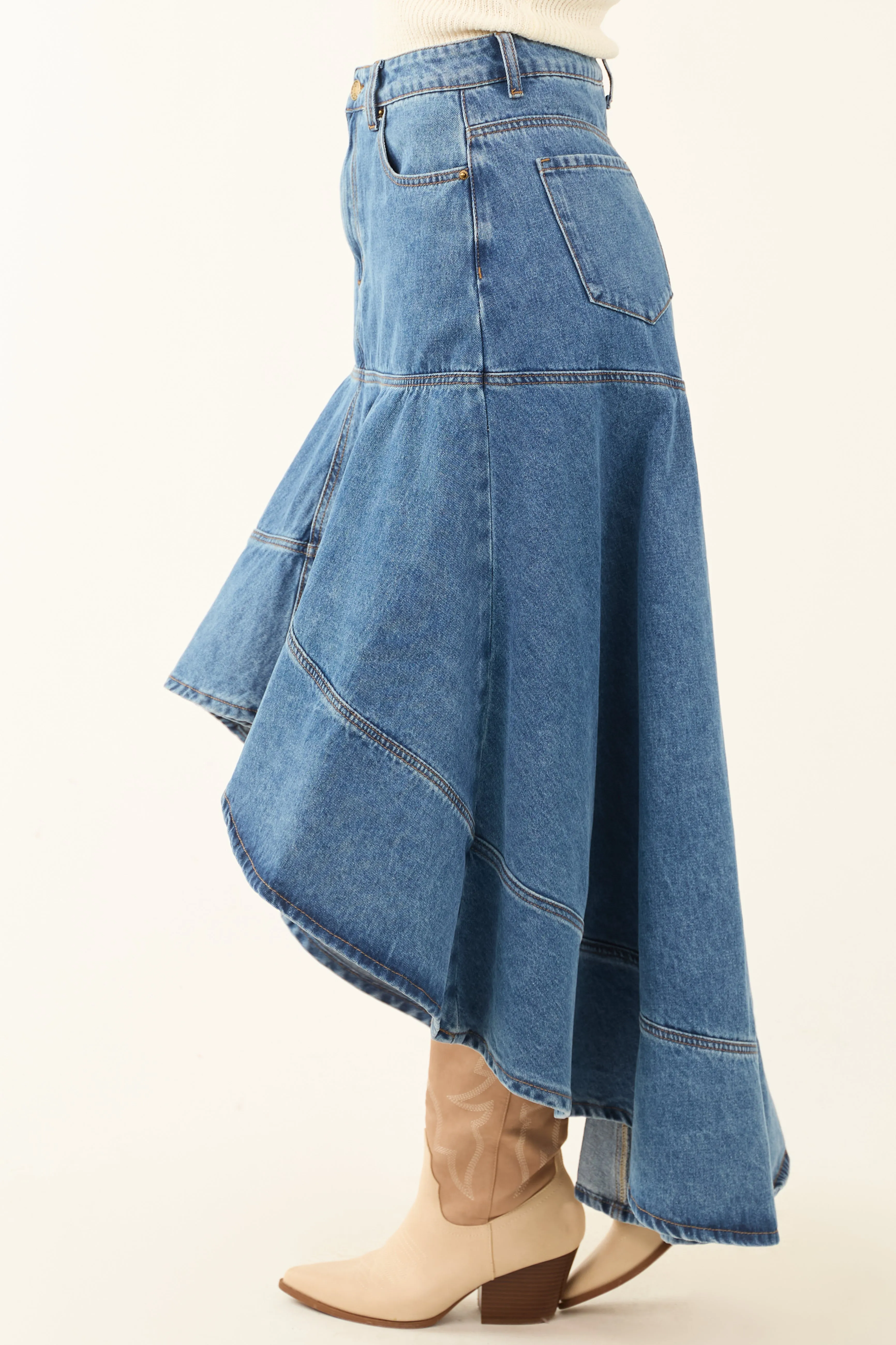 Flying Tomato Medium Wash Denim High Low Midi Skirt sold by Lime Lush product image thumbnail 4
