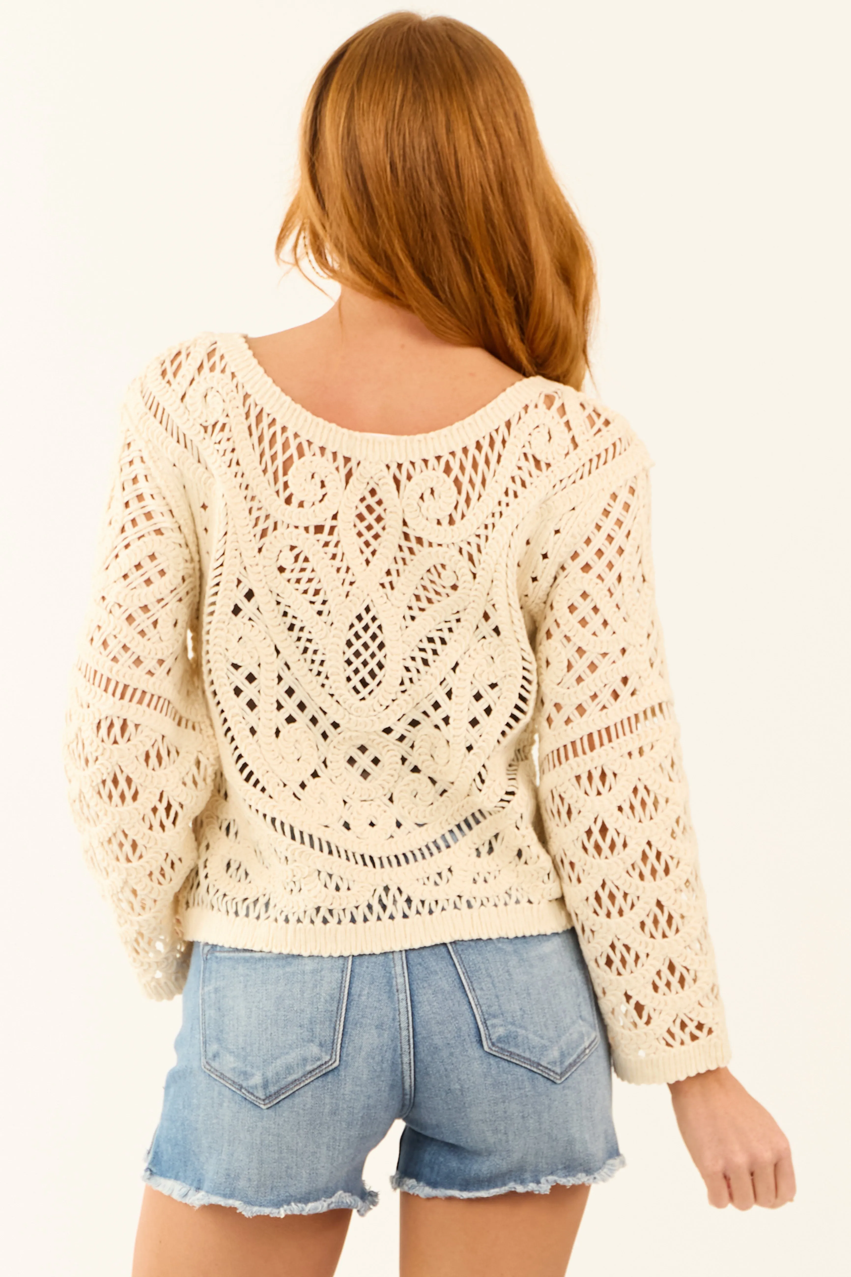 Cream Sheer Crochet Lace Long Sleeve Top sold by Lime Lush product image thumbnail 5