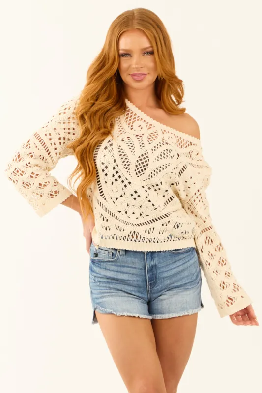Cream Sheer Crochet Lace Long Sleeve Top sold by Lime Lush