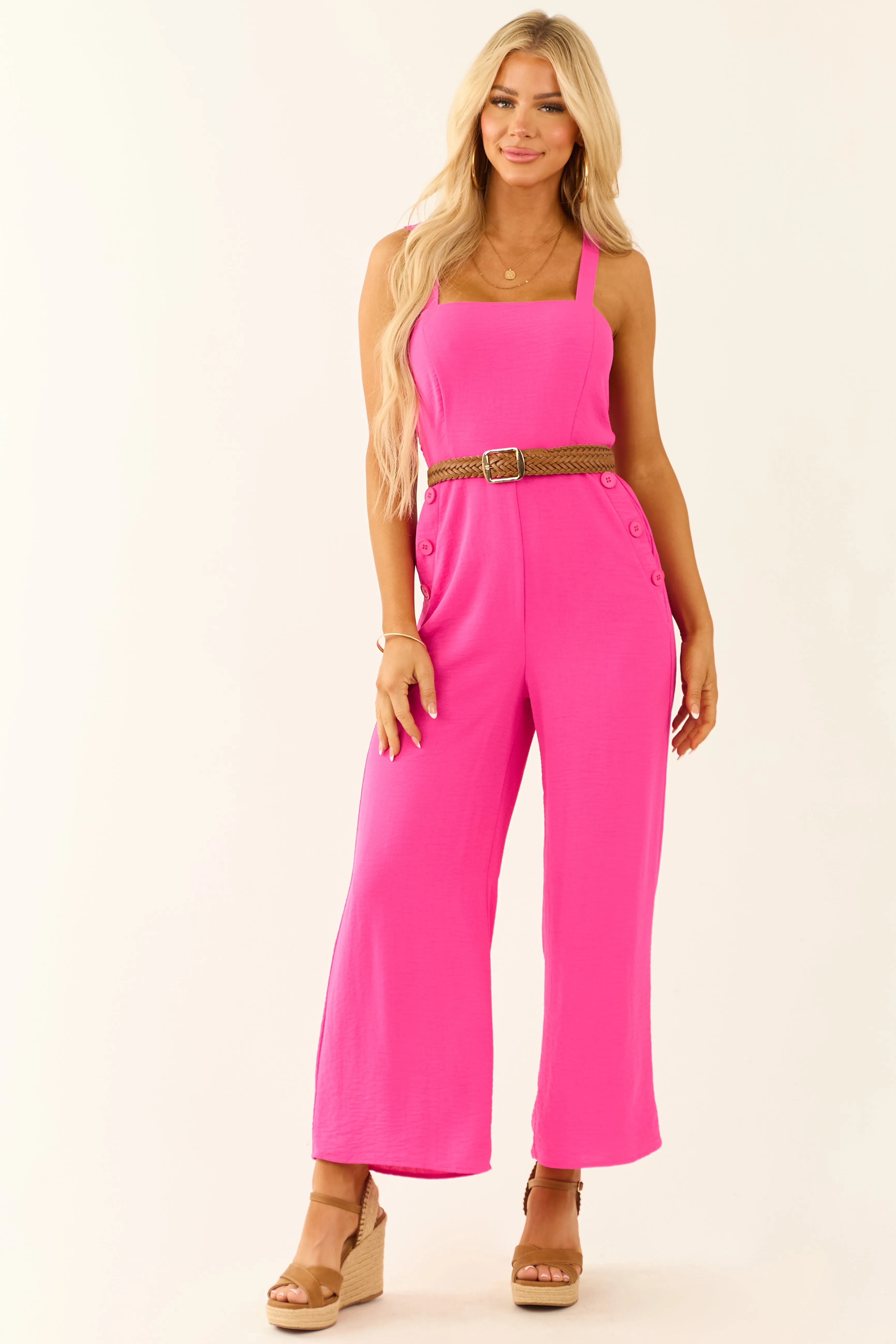 Fuchsia Sleeveless Wide Leg Smocked Jumpsuit sold by Lime Lush product image thumbnail 3
