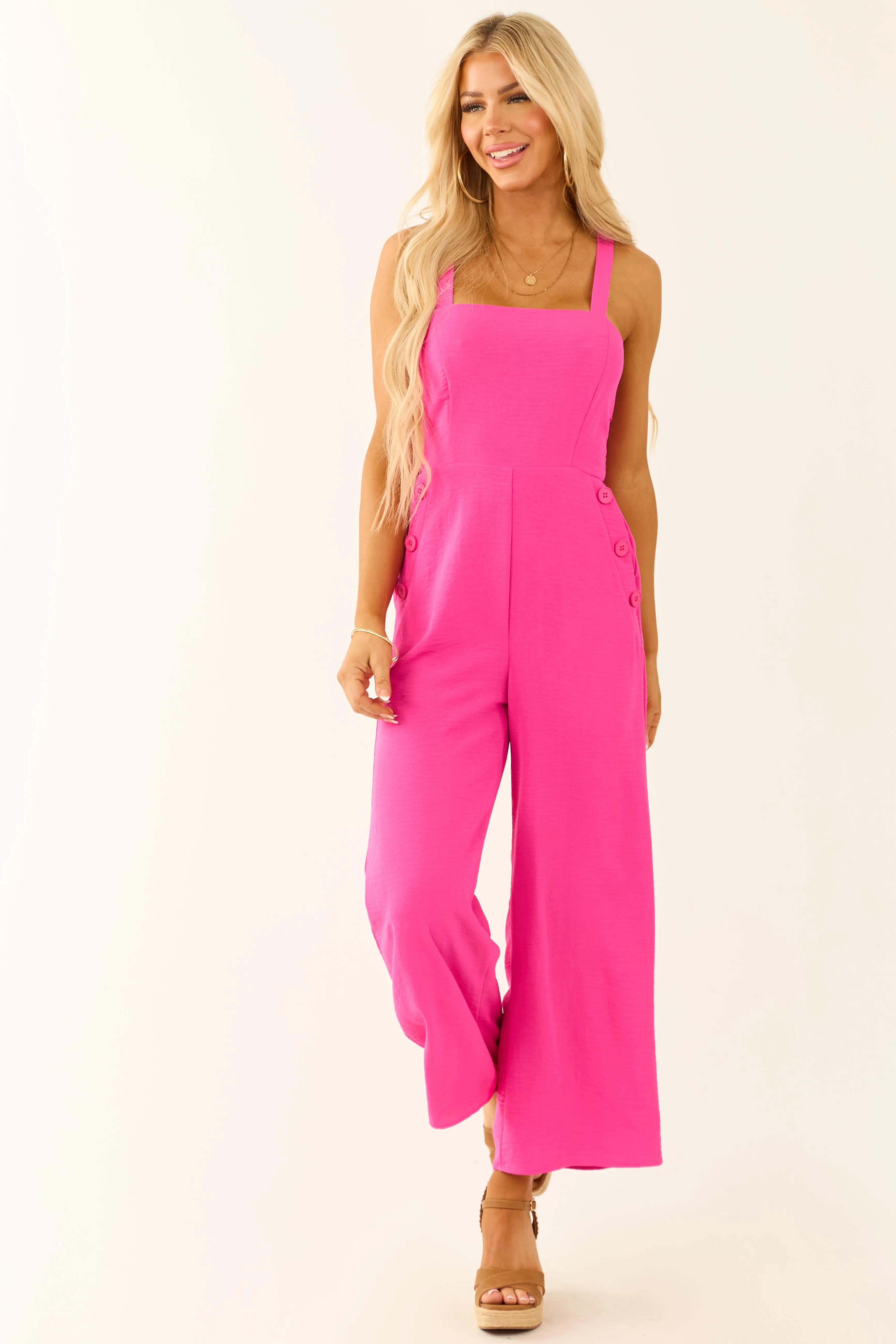 Fuchsia Sleeveless Wide Leg Smocked Jumpsuit sold by Lime Lush product image thumbnail 5