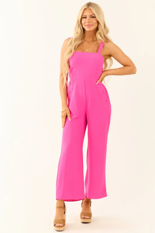 Fuchsia Sleeveless Wide Leg Smocked Jumpsuit sold by Lime Lush