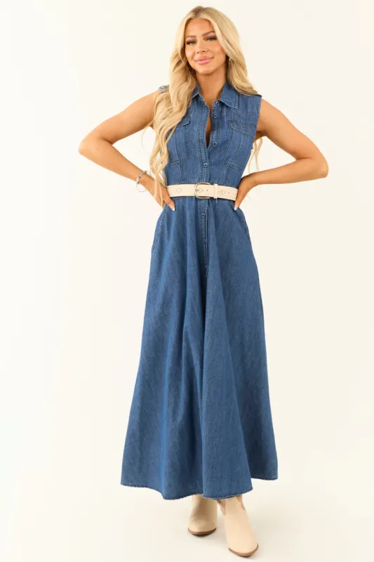 Medium Wash Denim Button Down Sleeveless Maxi Dress sold by Lime Lush