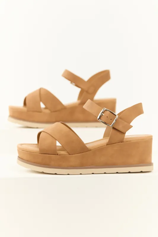 Cognac Criss Cross Strap Platform Wedges sold by Lime Lush