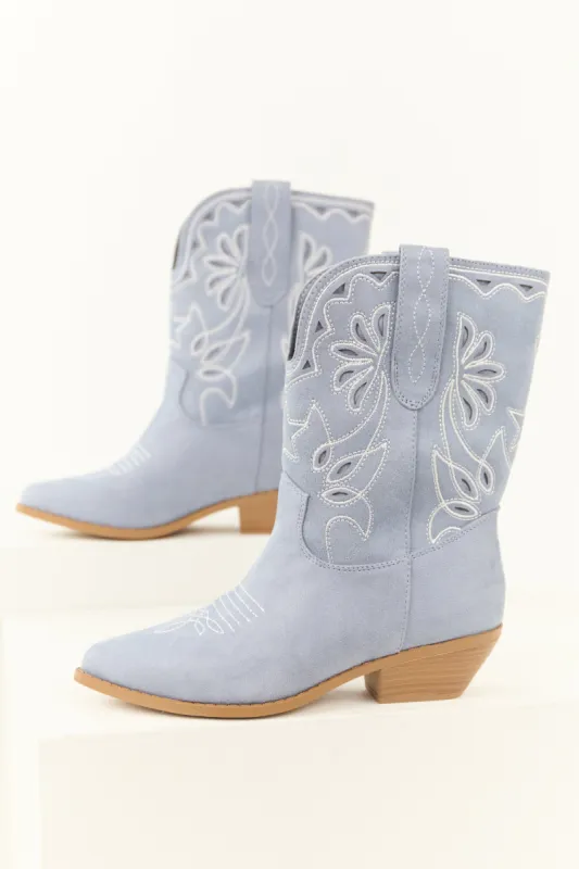 Dusty Blue Faux Suede Mid Calf Embroidered Boots sold by Lime Lush