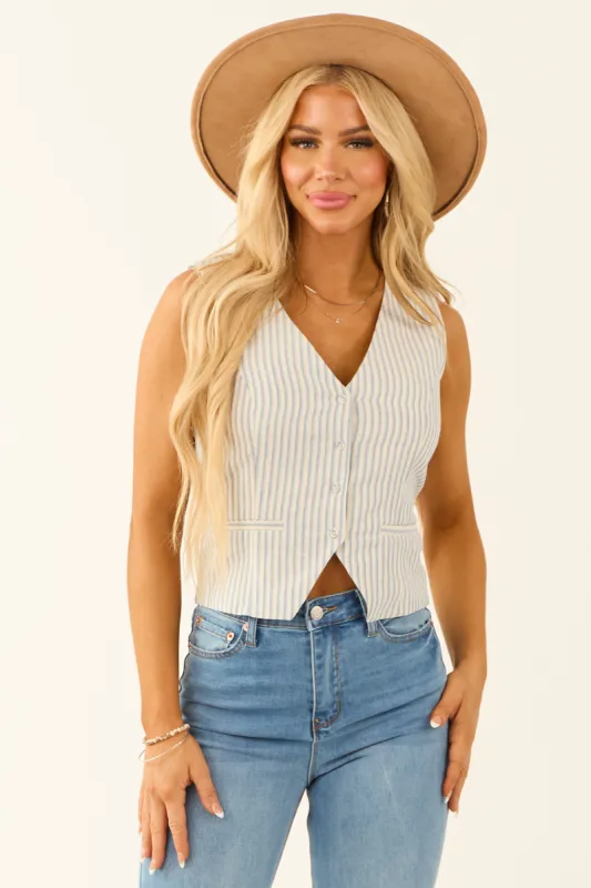Steel Blue and Cream Striped Button Down Vest sold by Lime Lush