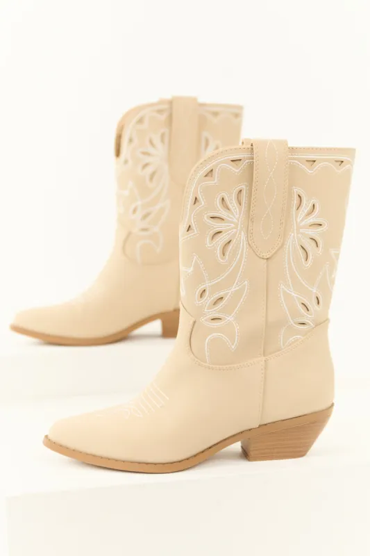Almond Faux Suede Mid Calf Embroidered Boots sold by Lime Lush