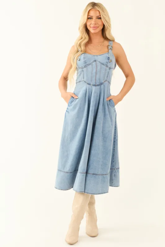 Light Wash Denim Buckle Strap Corset Midi Dress sold by Lime Lush