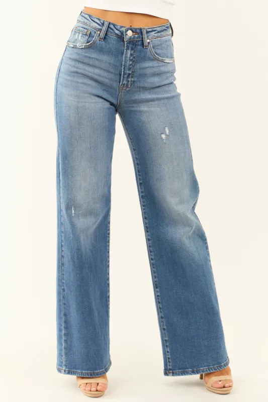 Risen Medium Wash Distressed Wide Leg Jeans sold by Lime Lush