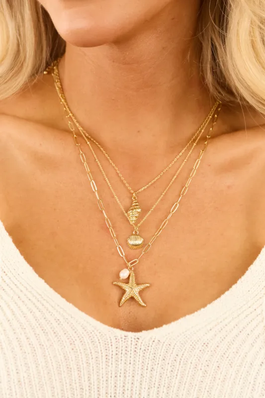 Gold Mixed Sea Shells and Pearl Charm Necklace sold by Lime Lush